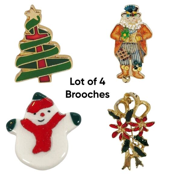 Lot of 4 Christmas Brooches Santa Claus Snowman Poinsettia Christmas Tree Used - Picture 1 of 13